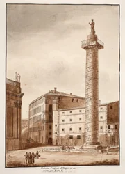 Trajanuksen pylväs, Sixtus V:n raivaama ja eristämä, 1833 (etsaus ruskealla pesulla)